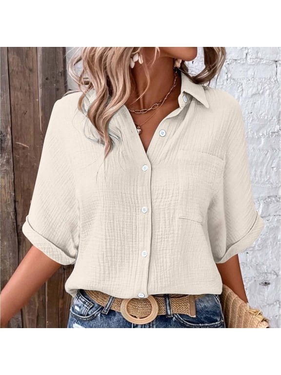 Button down Shirts for Women Half Sleeve Turn down Collar T-Shirts Casual Summer Lightweight Plain Tops