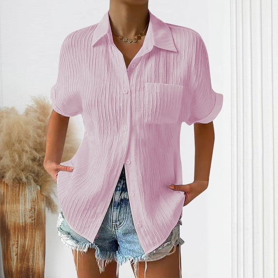 Chbgutlmr Button down Shirts for Women Short Sleeve Turn down Collar Textured Tops Casual Loose Summer Trendy Work Tops