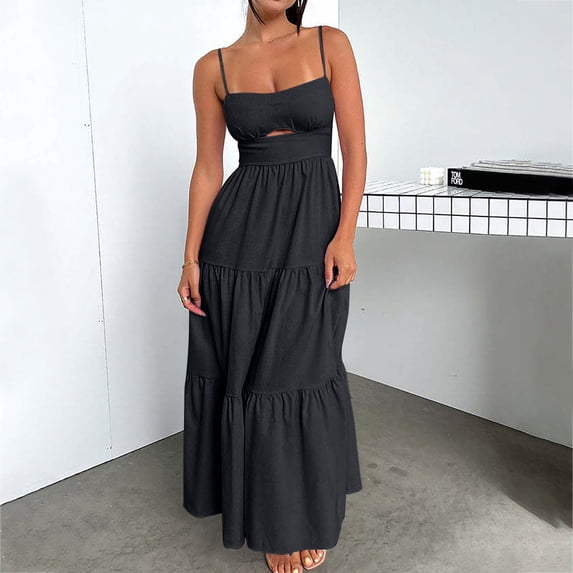 Chbgutlmr Cami Dress for Women Sleeveless Spaghetti Strap Cut out Square Neck Ruffled Maxi Dresses Casual Summer Vacation Sundress