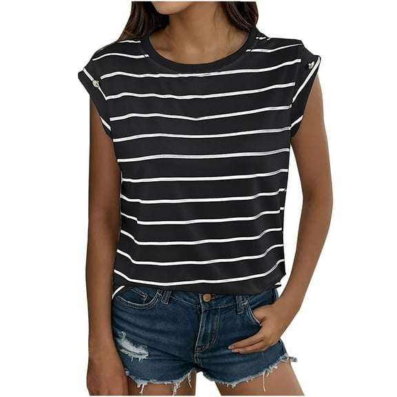 Chbgutlmr Cap Sleeve Tops for Women Summer Crewneck Casual Stripe Tee Shirts Loose Comfy Tshirts Trendy
