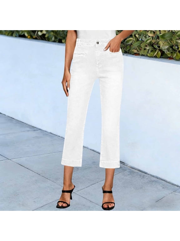 Capri Jeans for Women High Waisted Flat Front Straight Leg Capris Casual Summer Trendy Denim Pants with Pockets