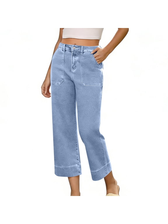 Capri Jeans for Women High Waisted Straight Leg Denim Capri Pants with Pockets Casual Loose Summer Trendy 3/4 Length Pants
