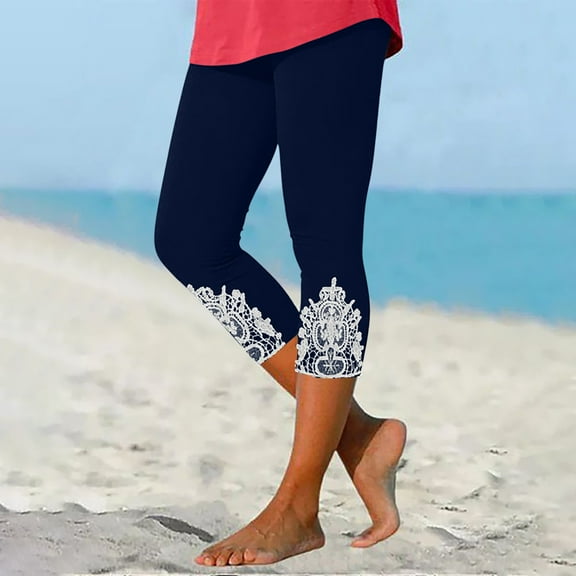 Chbgutlmr Capri Leggings for Women Elastic Waist Lace Blocked Slim Fitted Crop Pants Casual Summer Dressy Stretch Comfy Pants
