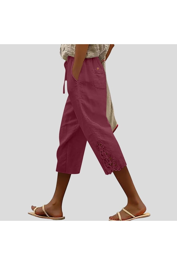 Capri Pants for Women Drawstring High Waisted Lace Insert Ruched Capris Casual Loose Summer Dressy 3/4 Length Pants