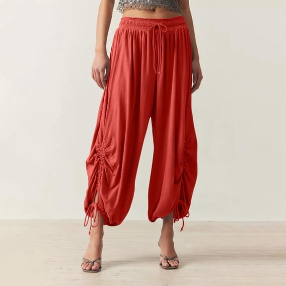 Chbgutlmr Capri Pants for Women Elastic Waist Drawstring Wide Leg Pleated Trousers Casual Loose Summer Dressy Comfy Pants