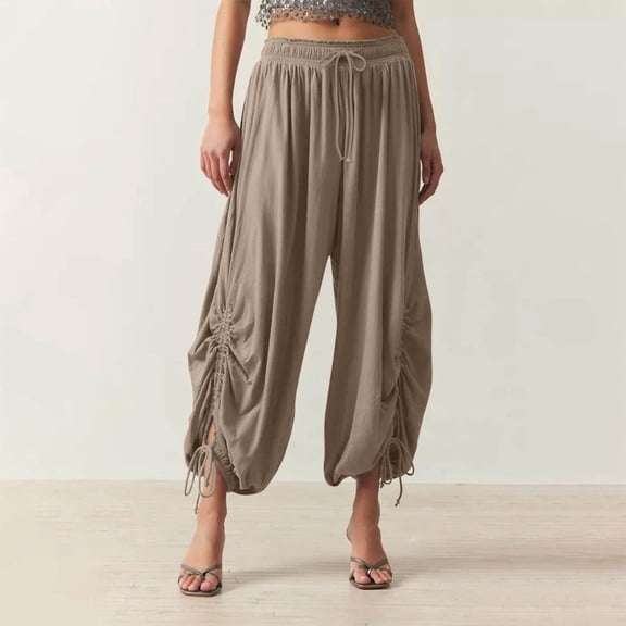 Chbgutlmr Capri Pants for Women Elastic Waist Drawstring Wide Leg Pleated Trousers Casual Loose Summer Dressy Comfy Pants