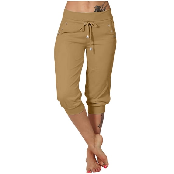 Chbgutlmr Capri Pants for Women Ruched Drawstring High Waist Button Loose Comfy Joggers Trousers Trendy