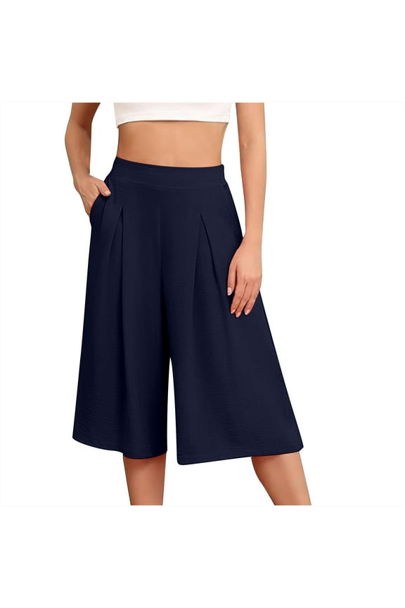 Capri Pants for Women Wide Leg Pleated High Waist Summer Lightweight Casual Trousers Pockets