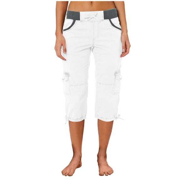 Chbgutlmr Cargo Capri Pants for Drawstring Women Mid Rise Straight Leg Fitted Trousers with Multi Pockets Casual Summer Trendy Pants