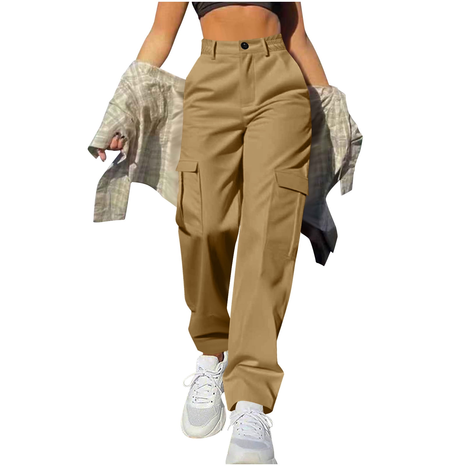Chbgutlmr Cargo Pants Women Plus Size Button Elastic Waist Straight Leg ...