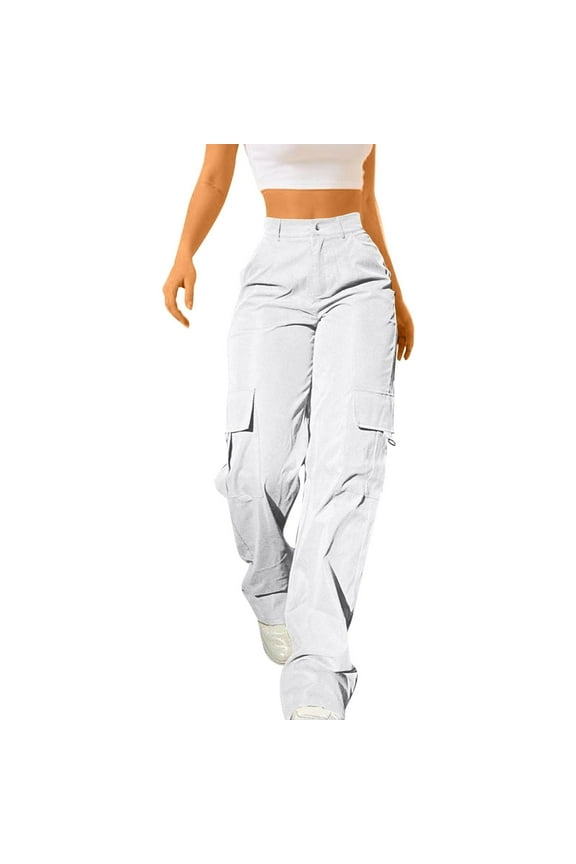 Cargo Pants Women Straight Leg Button Elastic Waist Loose Casual Outdoor Hiking Camping Trousers