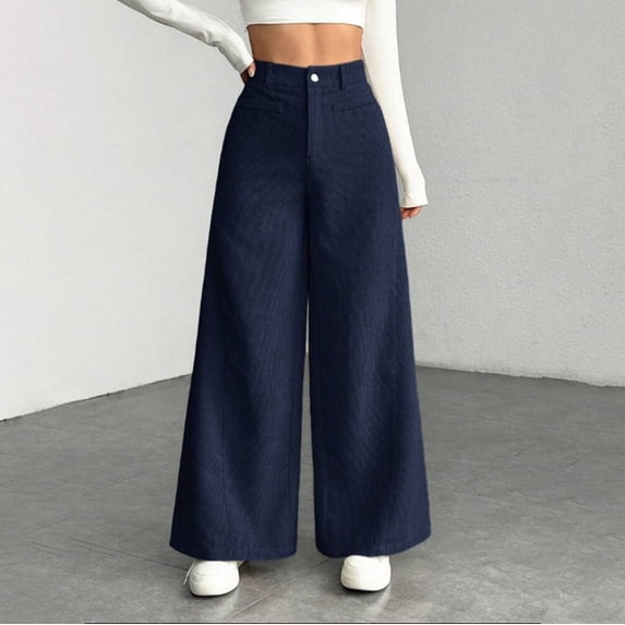 Chbgutlmr Corduroy Pants for Women Wide Leg High Rise Button Waist Trousers with Mock Pockets Casual Loose Fall Comfy Pants