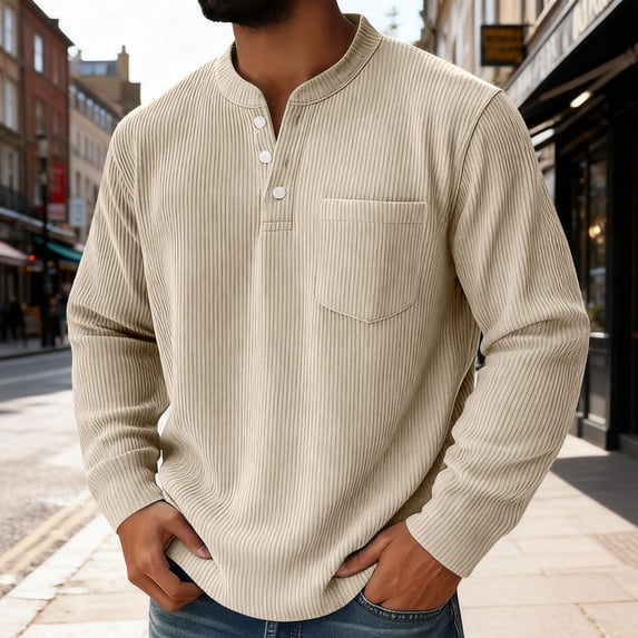 Chbgutlmr Corduroy Shirts for Men Long Sleeve Notch Neck Button T-Shirts Casual Loose Fall Comfy Plain Pullover Tops