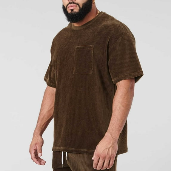 Chbgutlmr Corduroy Shirts for Men Short Sleeve Crew Neck Plain Color T-Shirts Casual Loose Summer Basic Tops