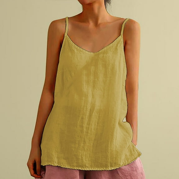 Chbgutlmr Cotton Linen Camisole Tops for Women Spaghetti Strap Sleeveless Round Neck Tank Tops Casual Loose Summer Lightweight Tops