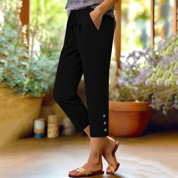 Chbgutlmr Cotton Linen Capri Pants for Women Drawstring Button Bottom Ruched Front Capris Casual Summer Lightweight Breathable Pants