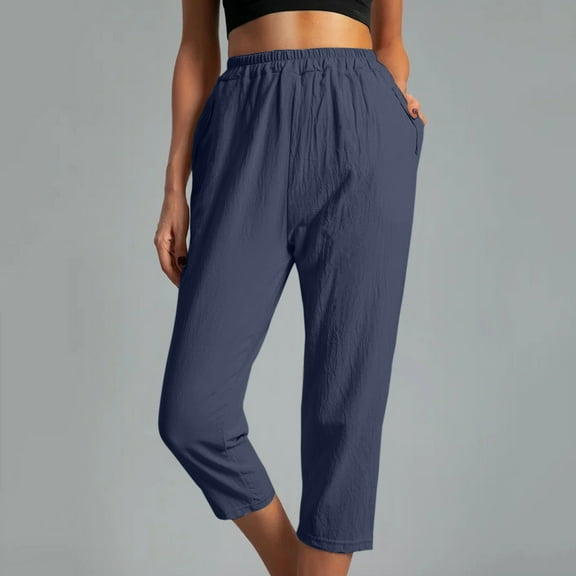 Chbgutlmr Cotton Linen Capri Pants for Women Elastic Waist Straight Leg Crop Pants Casual Summer Comfy Breathable Trousers