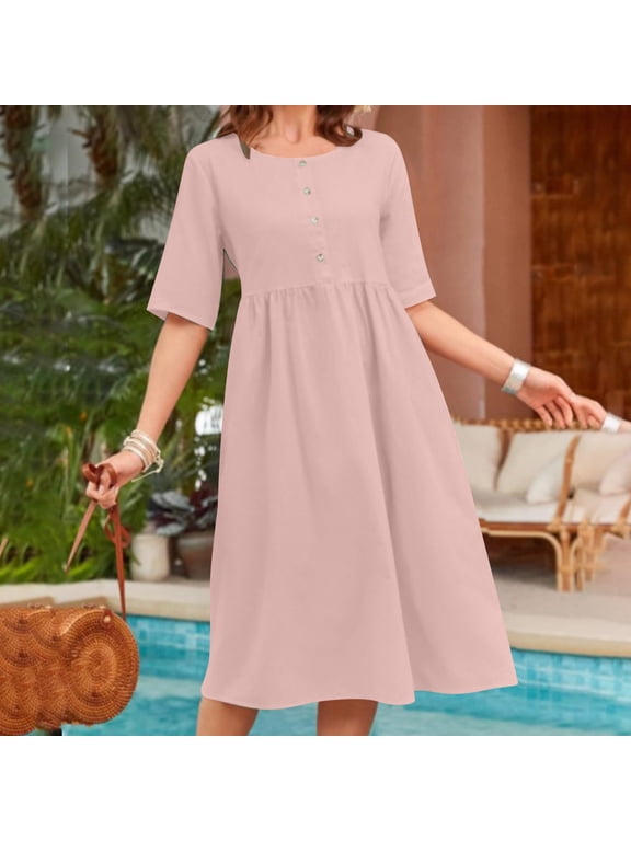 Cotton Linen Dress for Women Elbow Length Sleeve Crew Neck Button Ruched Midi Dress Casual Loose Summer Breathable Dress
