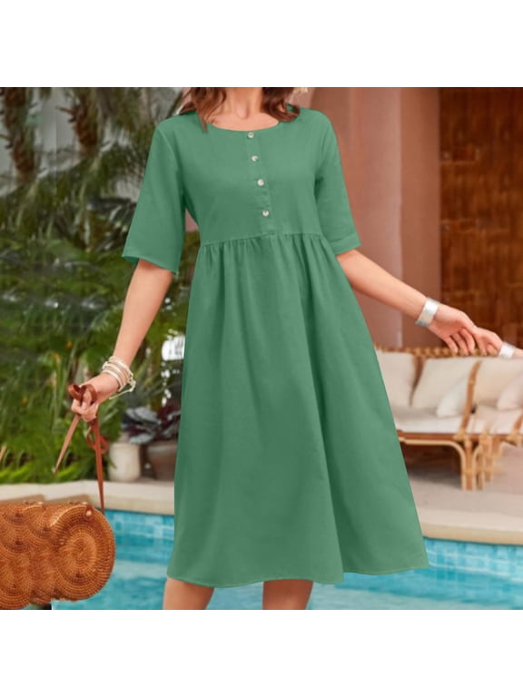 Cotton Linen Dress for Women Elbow Length Sleeve Crew Neck Button Ruched Midi Dress Casual Loose Summer Breathable Dress