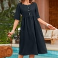 thumbnail image 1 of Chbgutlmr Cotton Linen Dress for Women Elbow Length Sleeve Crew Neck Button Ruched Midi Dress Casual Loose Summer Breathable Dress, 1 of 7