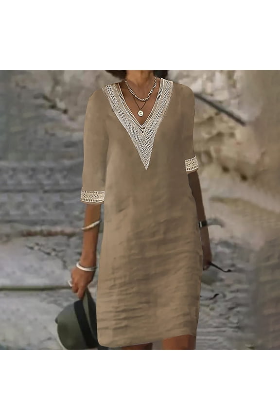 Cotton Linen Dress for Women Elbow Length Sleeve V Neck Shift Mini Dress Casual Loose Summer Breathable Dress
