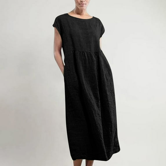 Chbgutlmr Cotton Linen Dresses for Women Casual Loose Summer Lightweight Breathable Maxi Dress Short Sleeve Scoop Neck Dress