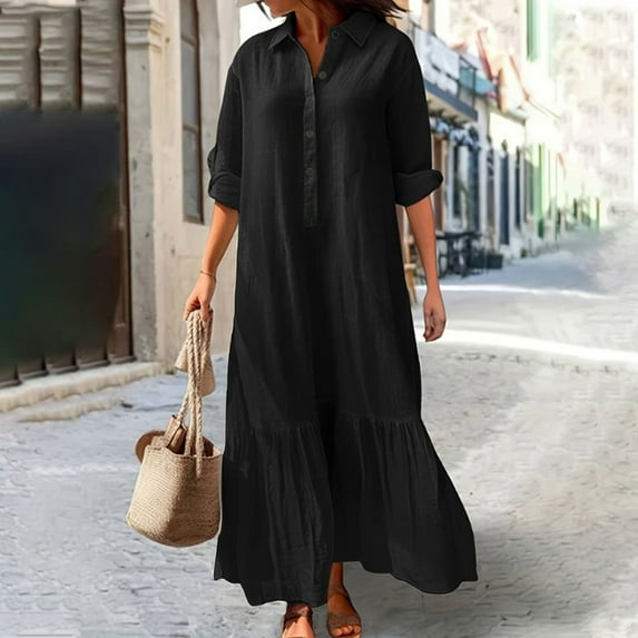 Chbgutlmr Cotton Linen Dresses for Women Long Sleeve Ruffled Hem Turn down Collar Button Maxi Dresses Casual Flowy Travel Dress