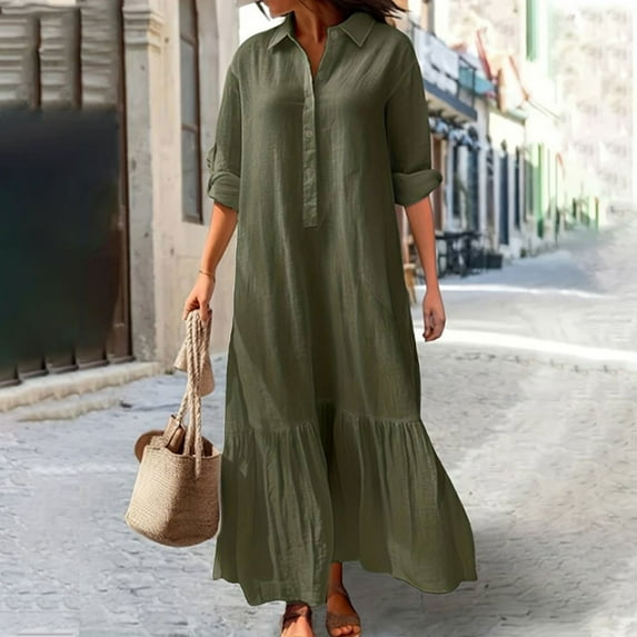 Chbgutlmr Cotton Linen Dresses for Women Long Sleeve Ruffled Hem Turn down Collar Button Maxi Dresses Casual Flowy Travel Dress