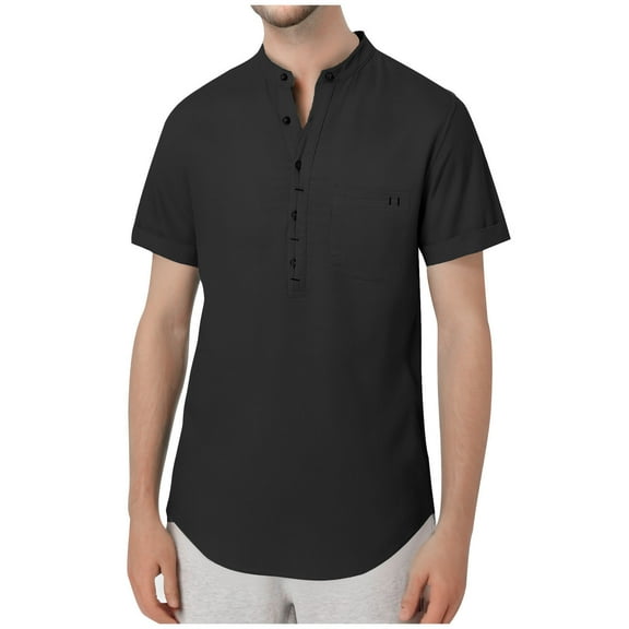Chbgutlmr Cotton Linen Mens Shirts Lightweight Summer Notched V Neck Button Short Sleeve Curved Hem Tops