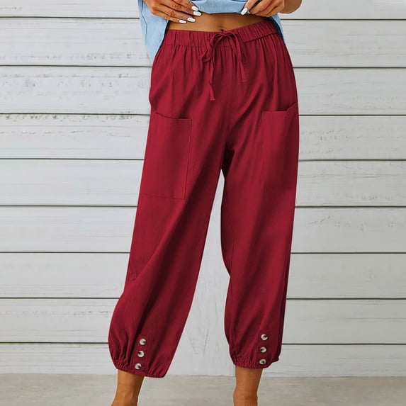 Chbgutlmr Cotton Linen Pants for Women Casual Lantern Harem Pants Drawstring Loose Fitted High Waisted Trousers Summer Slacks with Pocket
