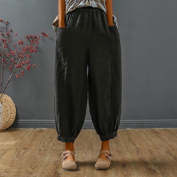Chbgutlmr Cotton Linen Pants for Women Elastic Waist Cinch Bottom Ruched Trousers with Pockets Casual Summer Lightweight Breathable Pants