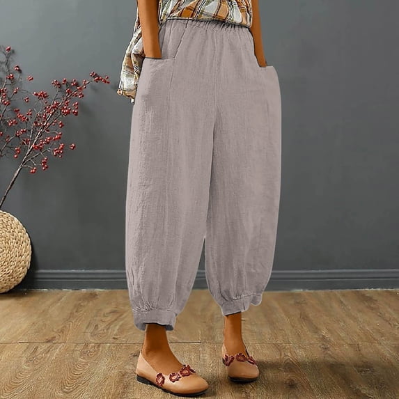 Chbgutlmr Cotton Linen Pants for Women Elastic Waist Cinch Bottom Ruched Trousers with Pockets Casual Summer Lightweight Breathable Pants