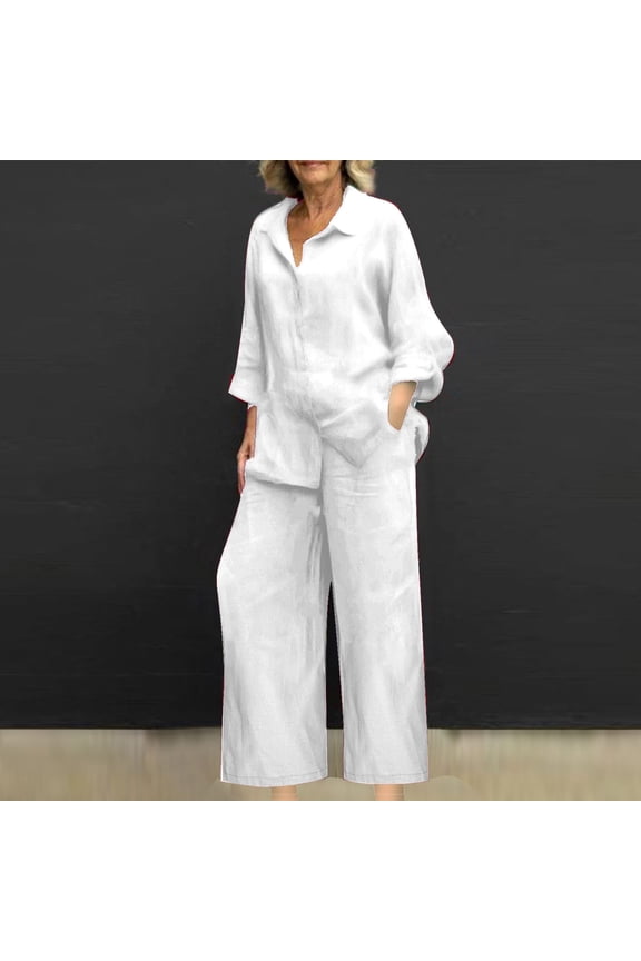 Cotton Linen Sets for Women 2 Piece Outfits Long Sleeve Button down Lapel Shirts Wide Leg Pants Casual Summer Breathable Set