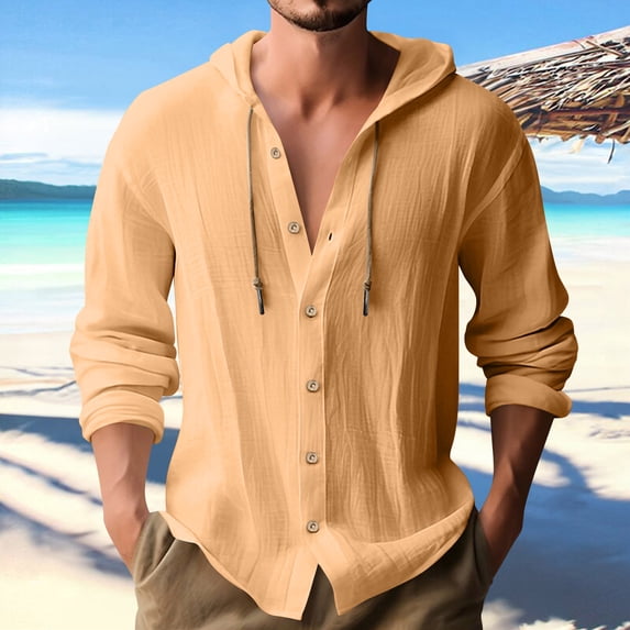 Chbgutlmr Cotton Linen Shirts for Men Drawstring Long Sleeve Button down Hooded T-Shirts Casual Loose Lightweight Plain TopsLOrange