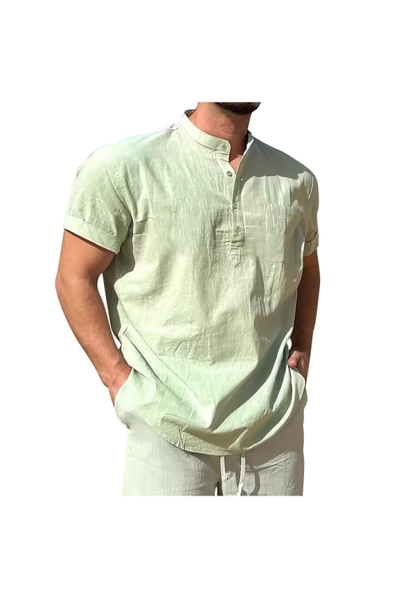 Cotton Linen Shirts for Men Short Sleeve Standing Collar Button T-Shirts Casual Comfy Lightweight Breathable Summer Tops