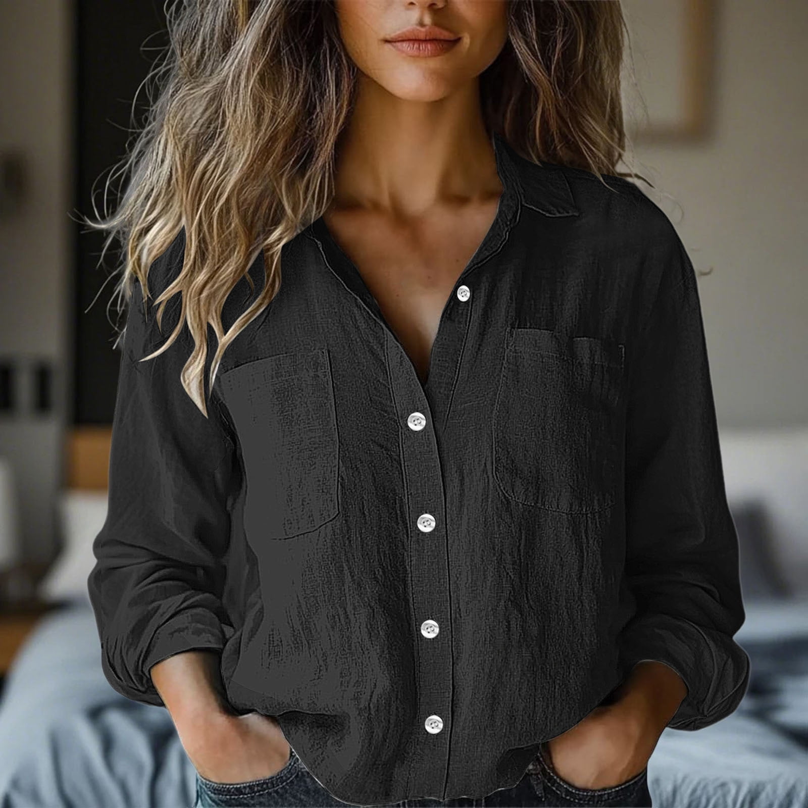 Chbgutlmr Cotton Linen Shirts for Women Long Sleeve Button down Turn ...