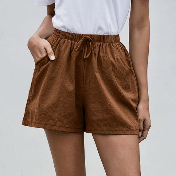 Chbgutlmr Cotton Linen Shorts for Women Drawstring Elastic Waist Ruched Shorts Casual Summer Lightweight Plain Shorts