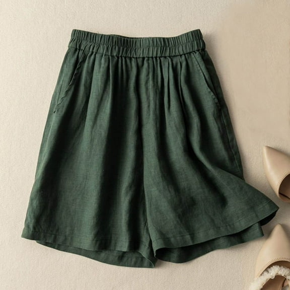 Chbgutlmr Cotton Linen Shorts for Women Elastic Waist Ruched Wide Leg Shorts Casual Loose Summer Comfy Shorts with Pockets