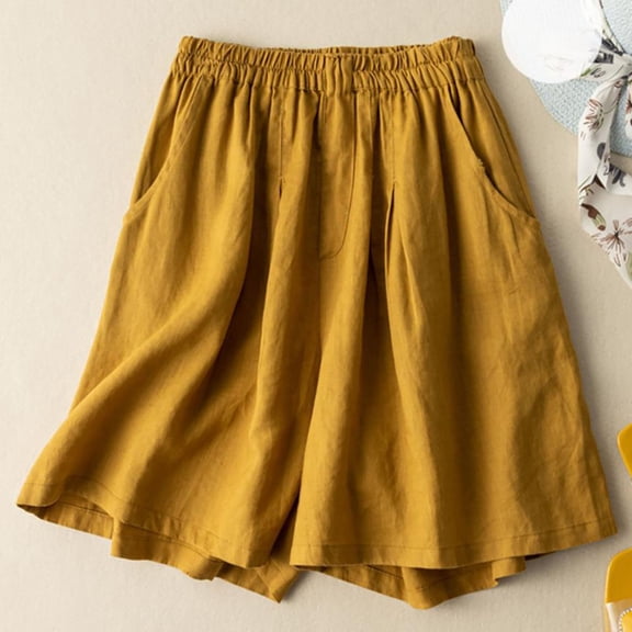 Chbgutlmr Cotton Linen Shorts for Women Elastic Waist Wide Leg High Rise Shorts Casual Loose Summer Breathable Shorts with Pockets
