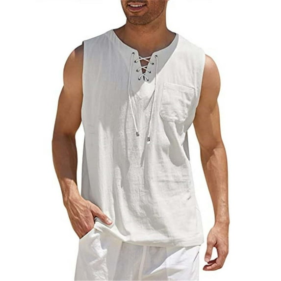 Chbgutlmr Cotton Linen Tank Tops for Men Sleeveless Crew Neck Drawstring Cross Front Tees Casual Lightweight Loose Summer Shirts