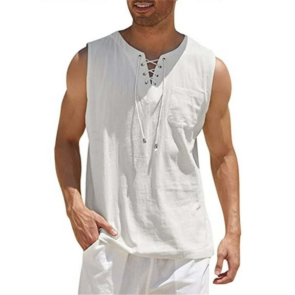 Chbgutlmr Cotton Linen Tank Tops for Men Sleeveless Crew Neck Drawstring Cross Front Tees Casual Lightweight Loose Summer Shirts