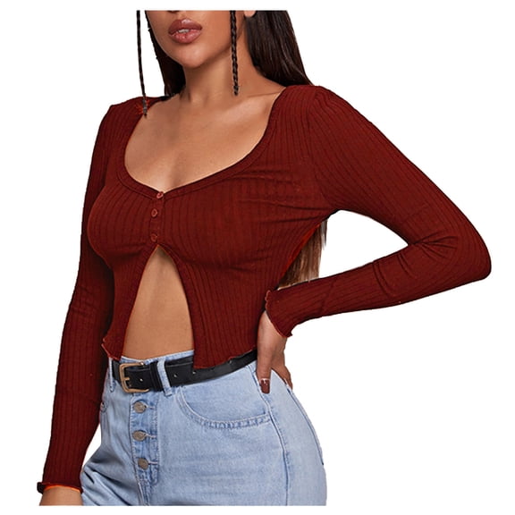 Chbgutlmr Crop Tops for Women Button Ruffle Long Sleeve Ribbed Shirts Front Slit Slim Casual Blouses