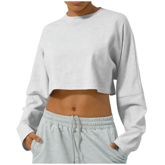 Chbgutlmr Crop Tops for Women Crewneck Loose Long Sleeve Shirts Solid Color Sports Athletic Blouses