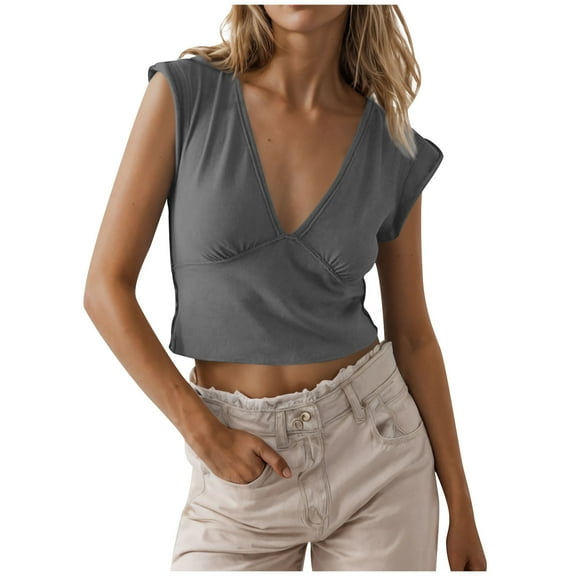 Chbgutlmr Crop Tops for Women Deep V Neck Cap Sleeve Ruched Tees Fitting Comfy Summer Fashion T Shirts