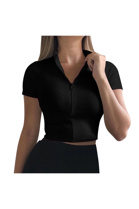Crop Tops for Women Ribbed Knit Zipper Short Sleeve Tight Tees Mock Neck Slim Going out Sports Top