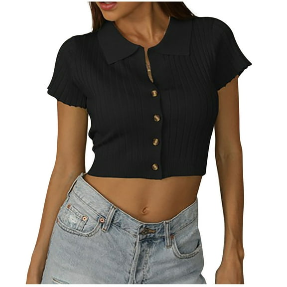 Chbgutlmr Crop Tops for Women Short Sleeve Lapel V Neck Button down Knit T Shirts Slim Fitting Casual Top