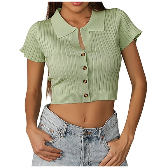Chbgutlmr Crop Tops for Women Short Sleeve Lapel V Neck Button down Knit T Shirts Slim Fitting Casual Top