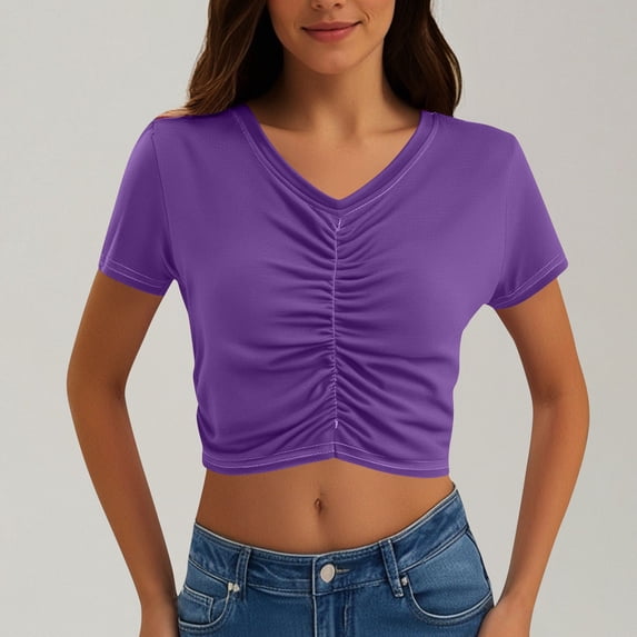 Chbgutlmr Crop Tops for Women Trendy Short Sleeve V Neck Ruched Front T-Shirts Casual Summer Dressy Cute Blouse Tops