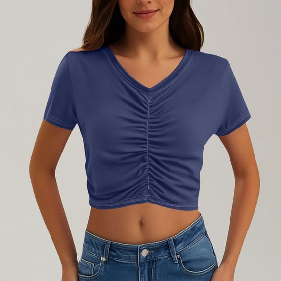 Chbgutlmr Crop Tops for Women Trendy Short Sleeve V Neck Ruched Front T-Shirts Casual Summer Dressy Cute Blouse Tops