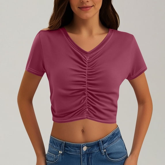 Chbgutlmr Crop Tops for Women Trendy Short Sleeve V Neck Ruched Front T-Shirts Casual Summer Dressy Cute Blouse Tops